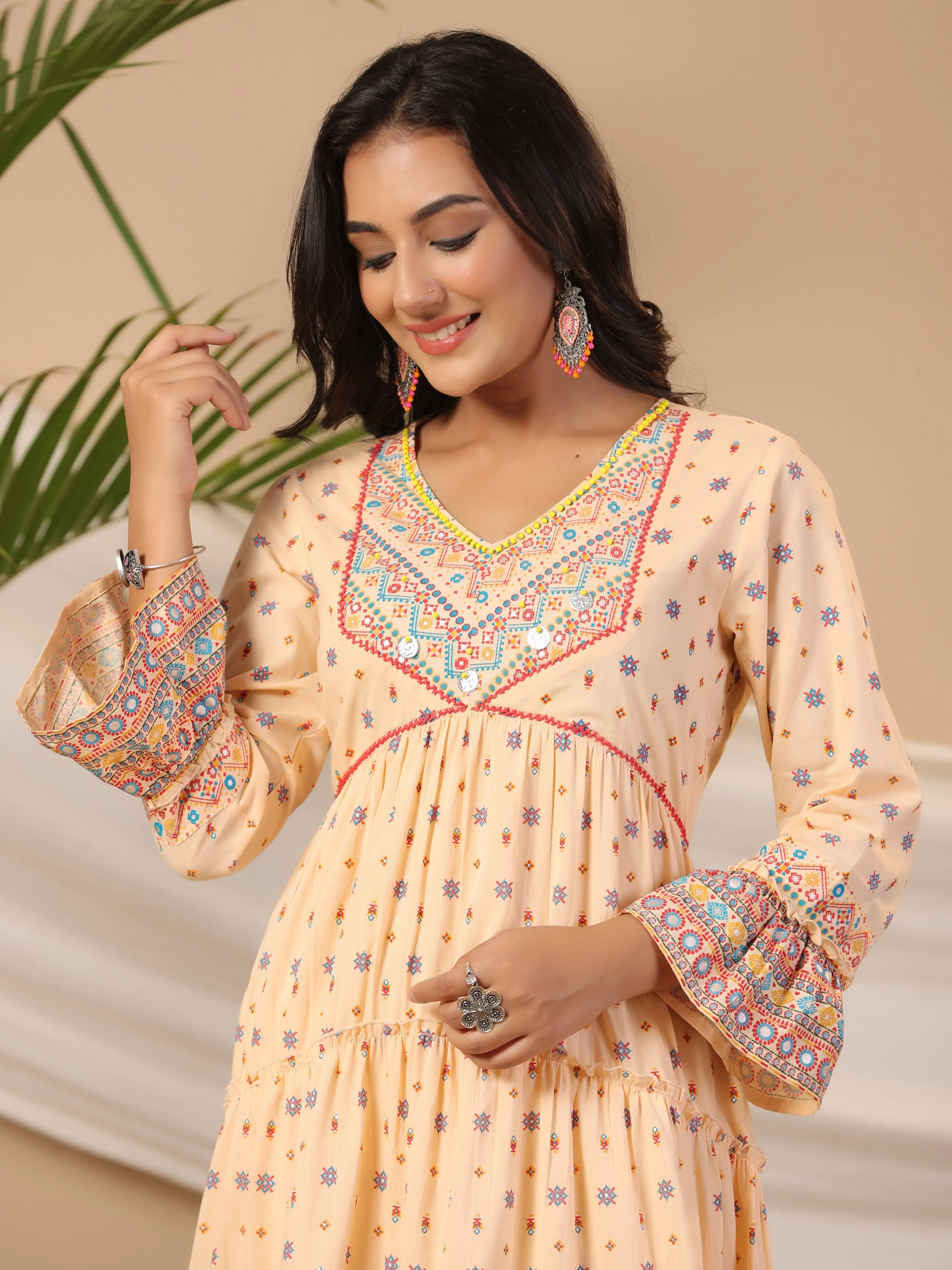 Jashvi Peach Tribal Printed Pure Cotton Alia Cut Dress With Beads Work