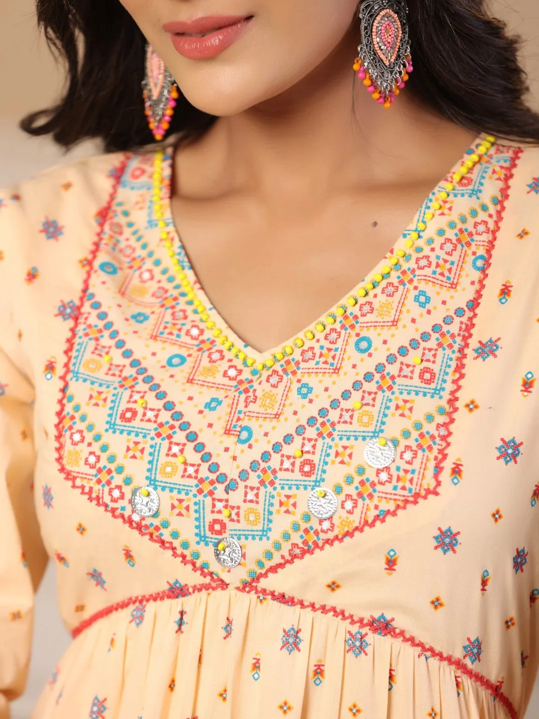 Jashvi Peach Tribal Printed Pure Cotton Alia Cut Dress With Beads Work