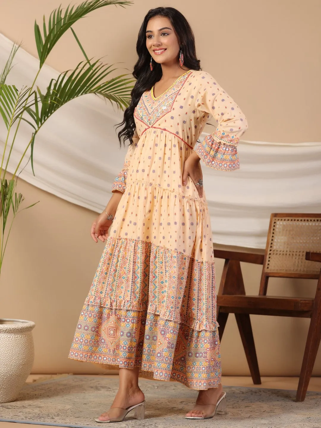 Jashvi Peach Tribal Printed Pure Cotton Alia Cut Dress With Beads Work