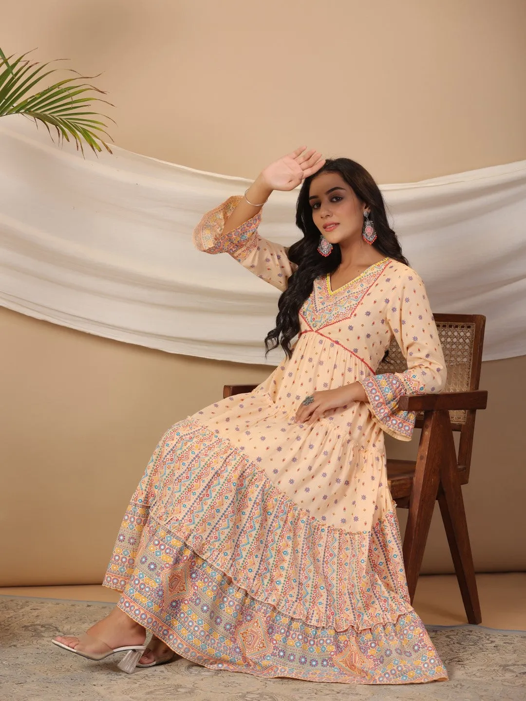 Jashvi Peach Tribal Printed Pure Cotton Alia Cut Dress With Beads Work