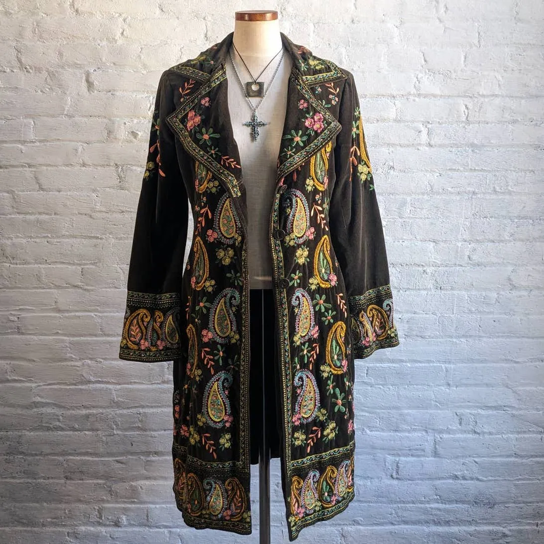 Johnny Was Velvet Boho Floral Penny Lane Duster Embroidered Coat Hippie Jacket