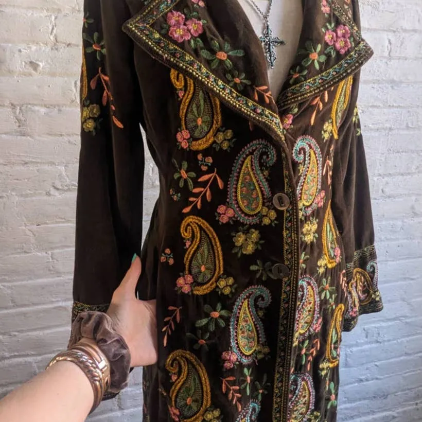 Johnny Was Velvet Boho Floral Penny Lane Duster Embroidered Coat Hippie Jacket