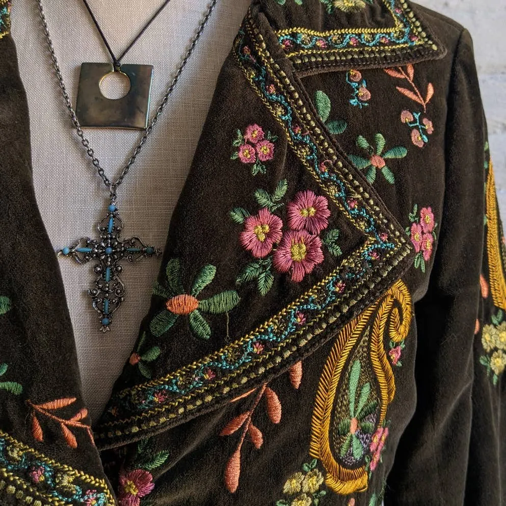 Johnny Was Velvet Boho Floral Penny Lane Duster Embroidered Coat Hippie Jacket