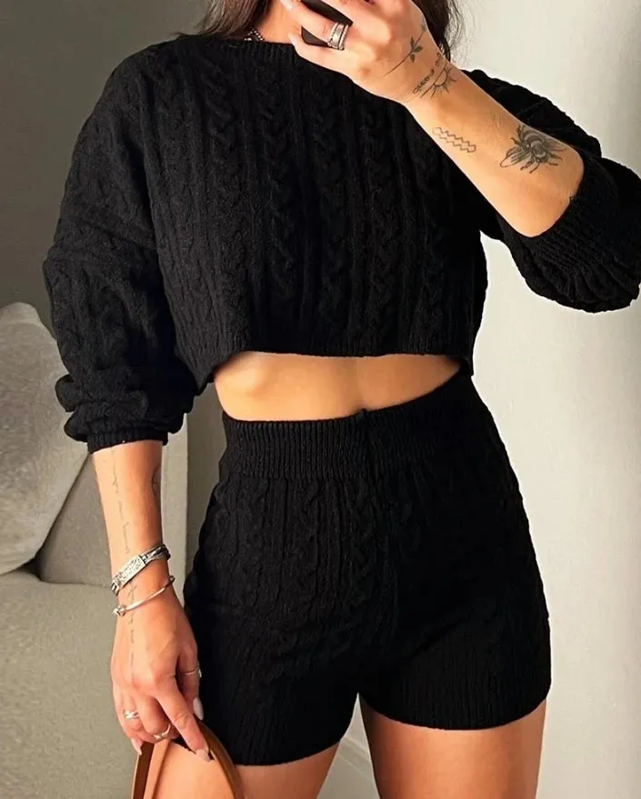 Joskaa Elegant Two Piece Set for Women Autumn Fashion O-Neck Long Sleeve Knitted Crop Top Sweater High Waisted Casual Sports Shorts Set