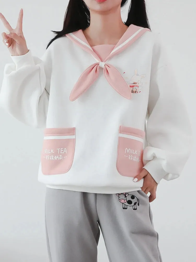 Kawaii Women Sweatshirts Cartoon Print Bow Tops Winter Long Sleeve Sailor Collar Sweet Style Warm Pockets Cute Pullover Top