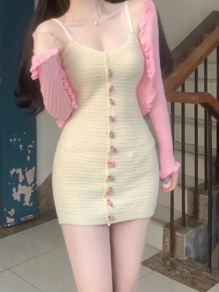 Knitted Knit Slip Dress Women Fairy Sweet Y2k Sexy Kawaii Cute Mini Short Dresses Party Autumn Winter Flower Button