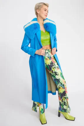 Ladies Blue Tencel Blend Eco Leather Trench Coat