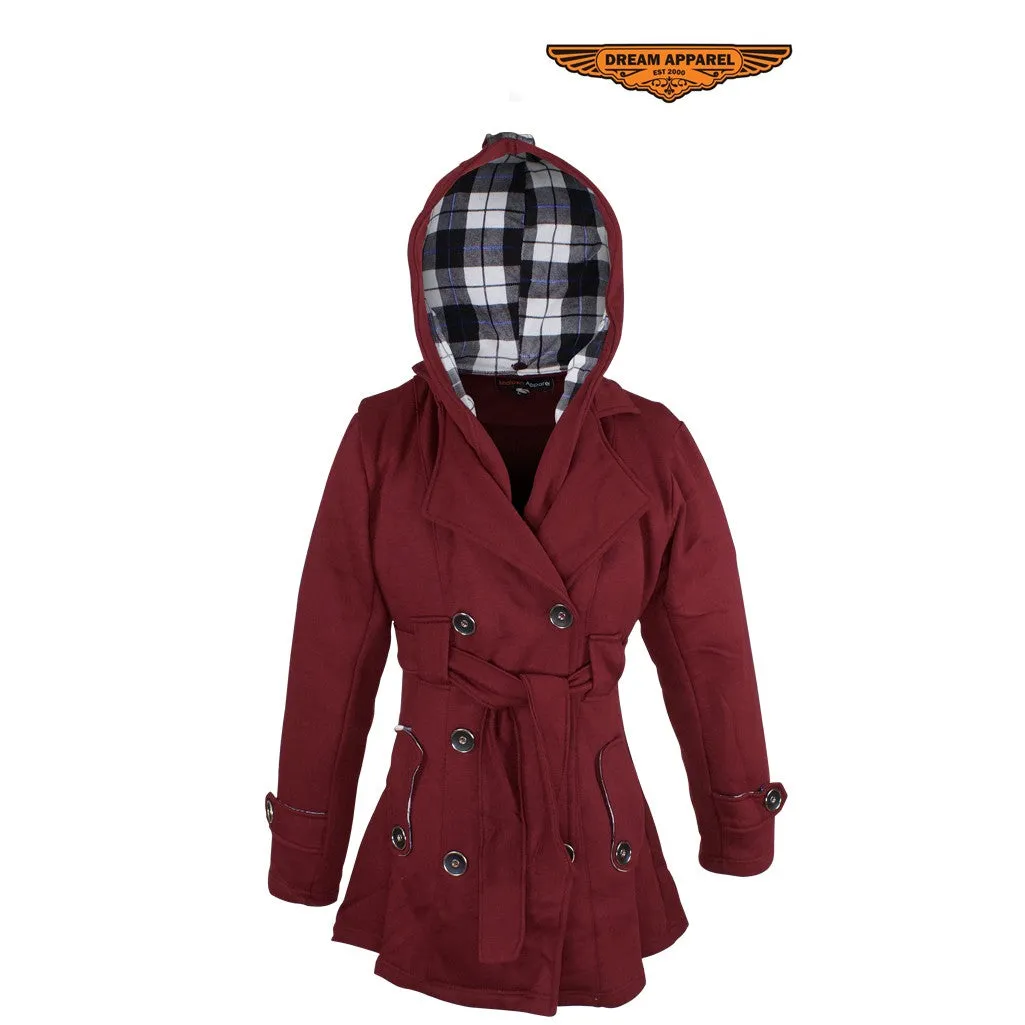 Ladies Burgundy Button Up Coat W/ Belt and Removable Hood