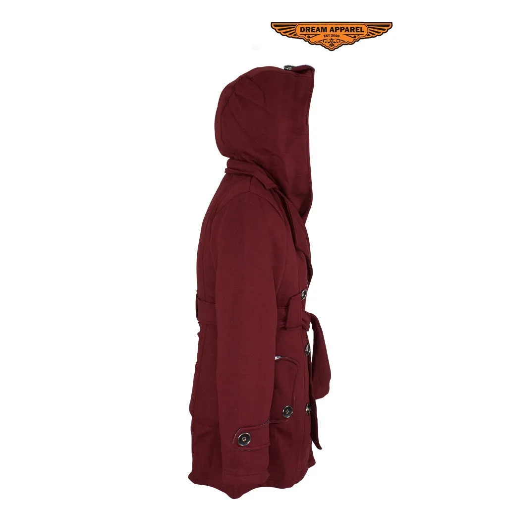 Ladies Burgundy Button Up Coat W/ Belt and Removable Hood