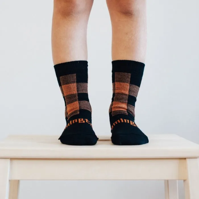 Lamington Crew Shorter Maverick Kids Merino Socks Black Tan Checks ages to 8 years