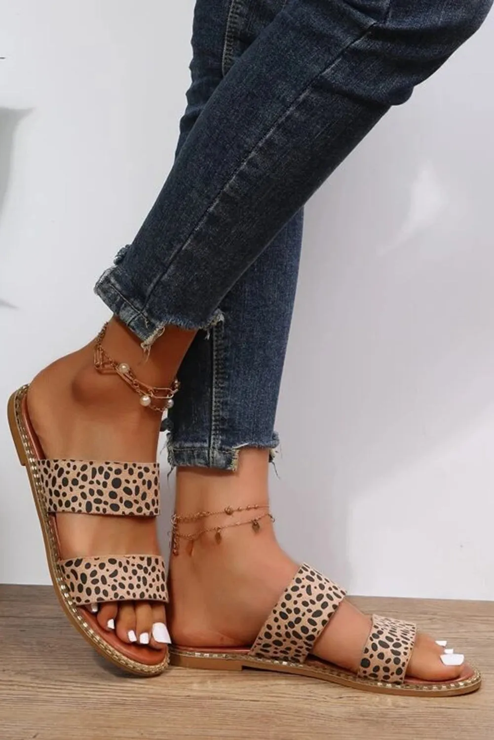 Leopard Double Straps Flat Slippers