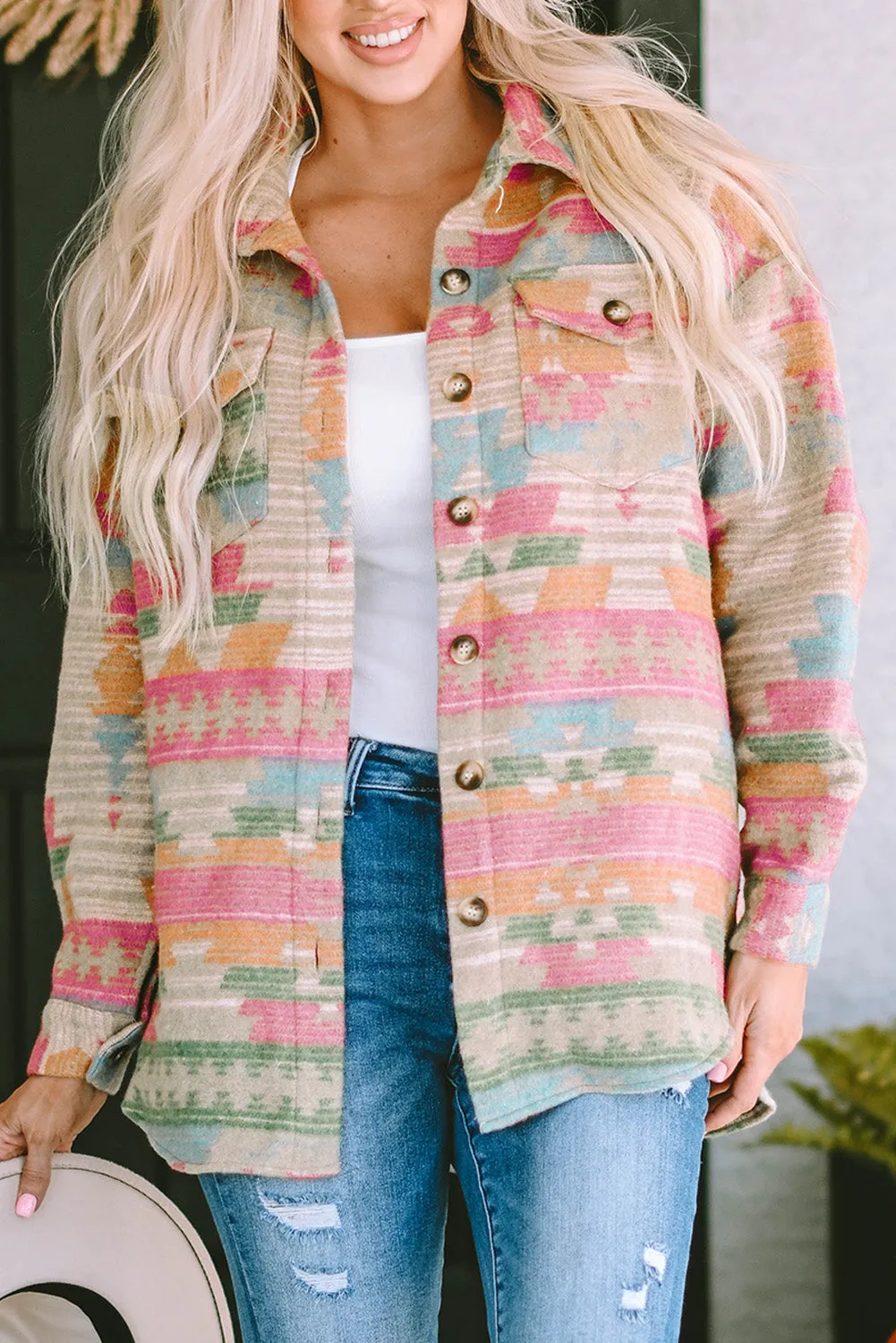 Light Pink Aztec Patch Drawstring Hooded Zip Up Jacket