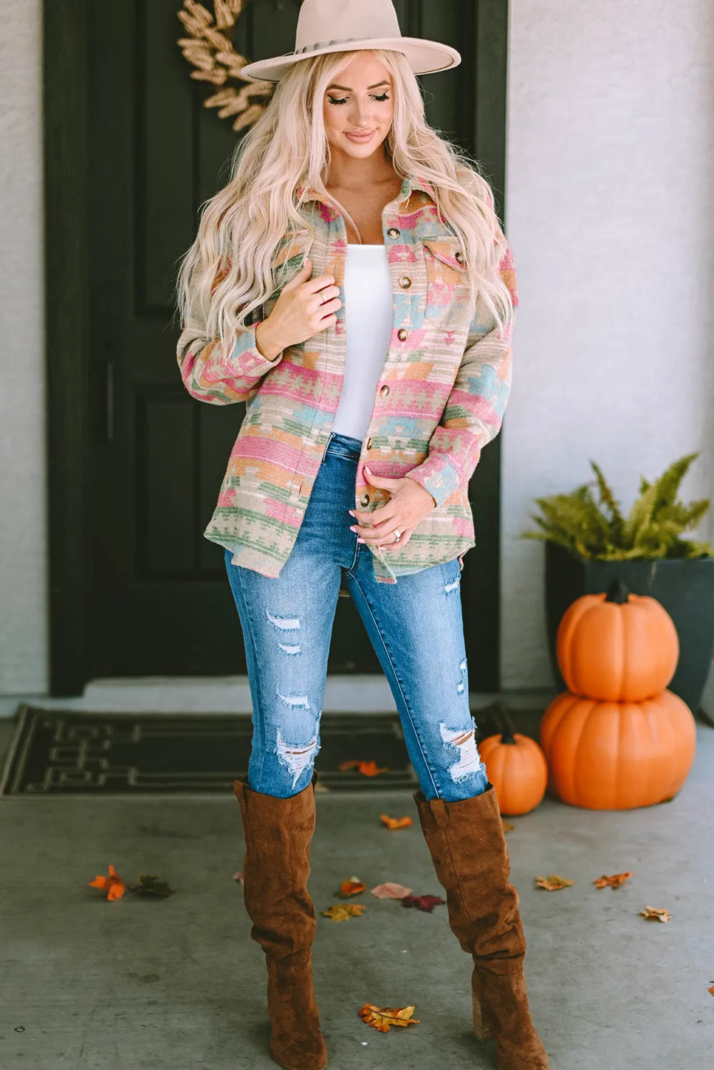 Light Pink Aztec Patch Drawstring Hooded Zip Up Jacket