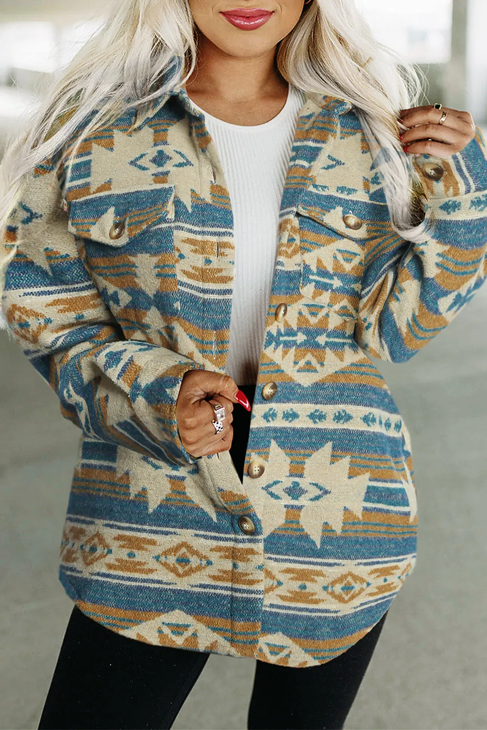 Light Pink Aztec Patch Drawstring Hooded Zip Up Jacket