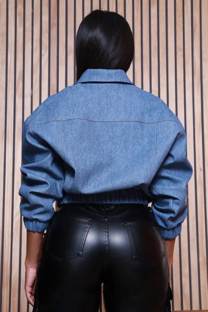 Locked Out Faux Leather Bomber Jacket - Blue Denim