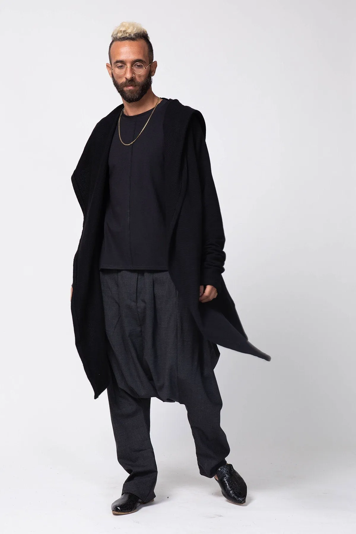 Long Black Hooded Cardigan for Men