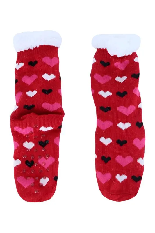 Love You Heart Sherpa Socks in Red