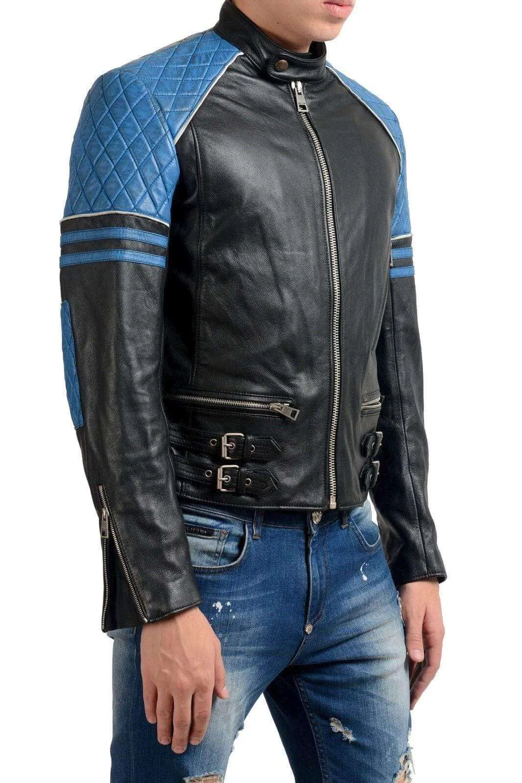 Men Blue Black Branded Motorbike Leather Jacket, Classic Trendy Scooter Fashion Jacket