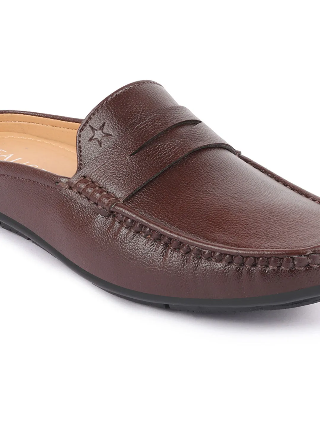 Men Brown Slip On Back Open Stitched Mules Casual Shoes