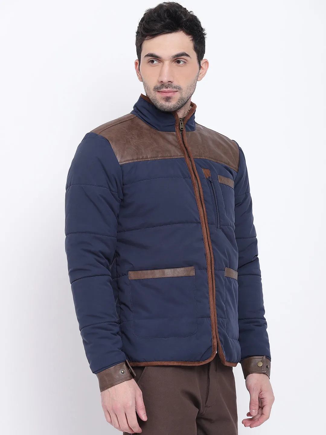 Men Casual Solid Blue Padded Jacket