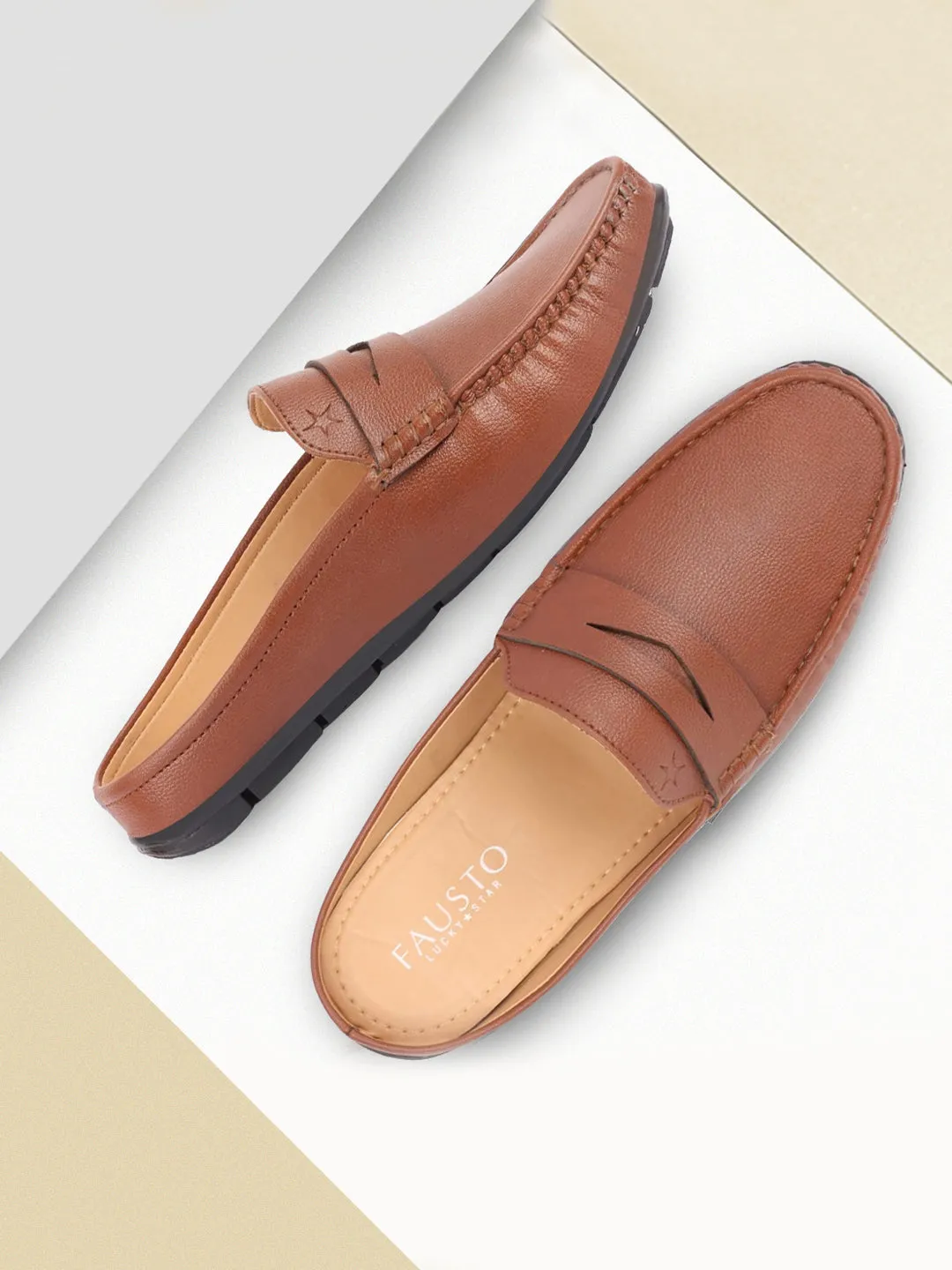 Men Tan Slip On Back Open Stitched Mules Casual Shoes