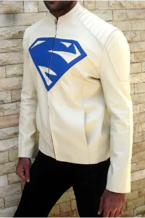 Men White Blue Superman Motorbike Classic Genuine Real Leather Jacket