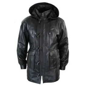 Mens 3/4 Long Real Leather Duffle Jacket Coat Safari Detachable Hood