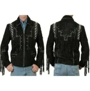 Men's Black Cowboy Suede Jacket, Cowboy Style Suede Jacket With Fringe