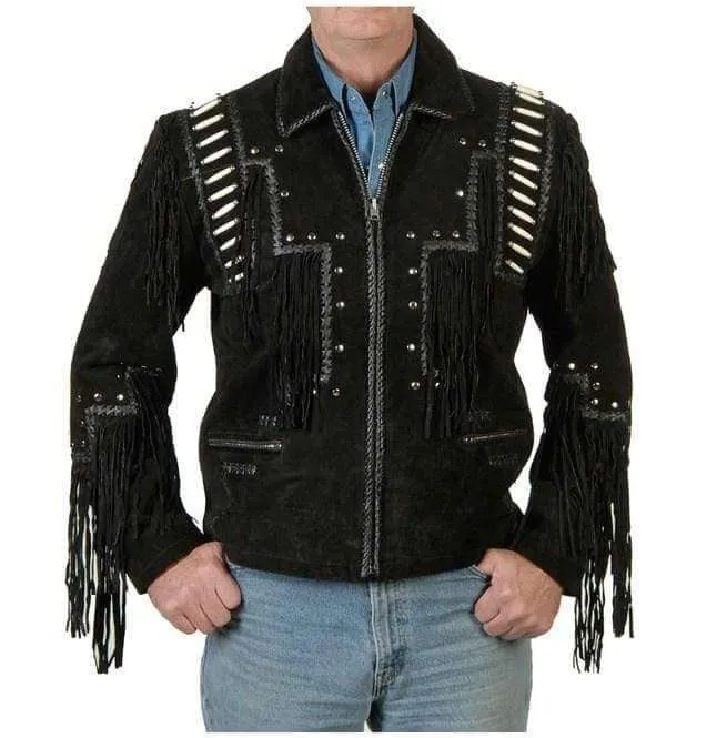 Men's Black Cowboy Suede Jacket, Cowboy Style Suede Jacket With Fringe