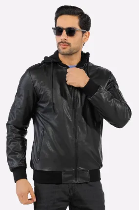 Mens Black Hooded Leather Jacket