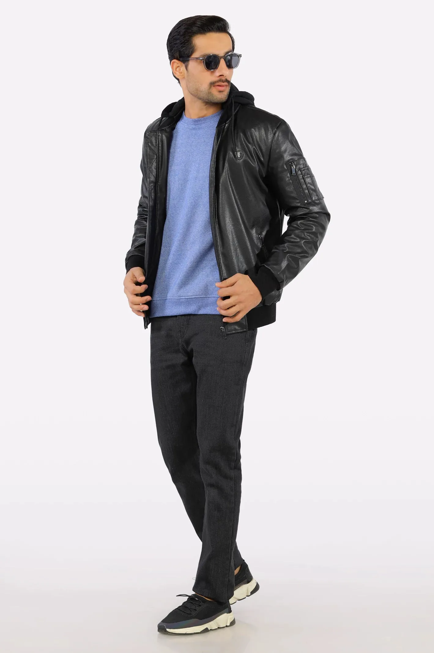 Mens Black Hooded Leather Jacket