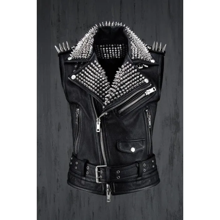 Men’s Black Leather Biker Punk Vest