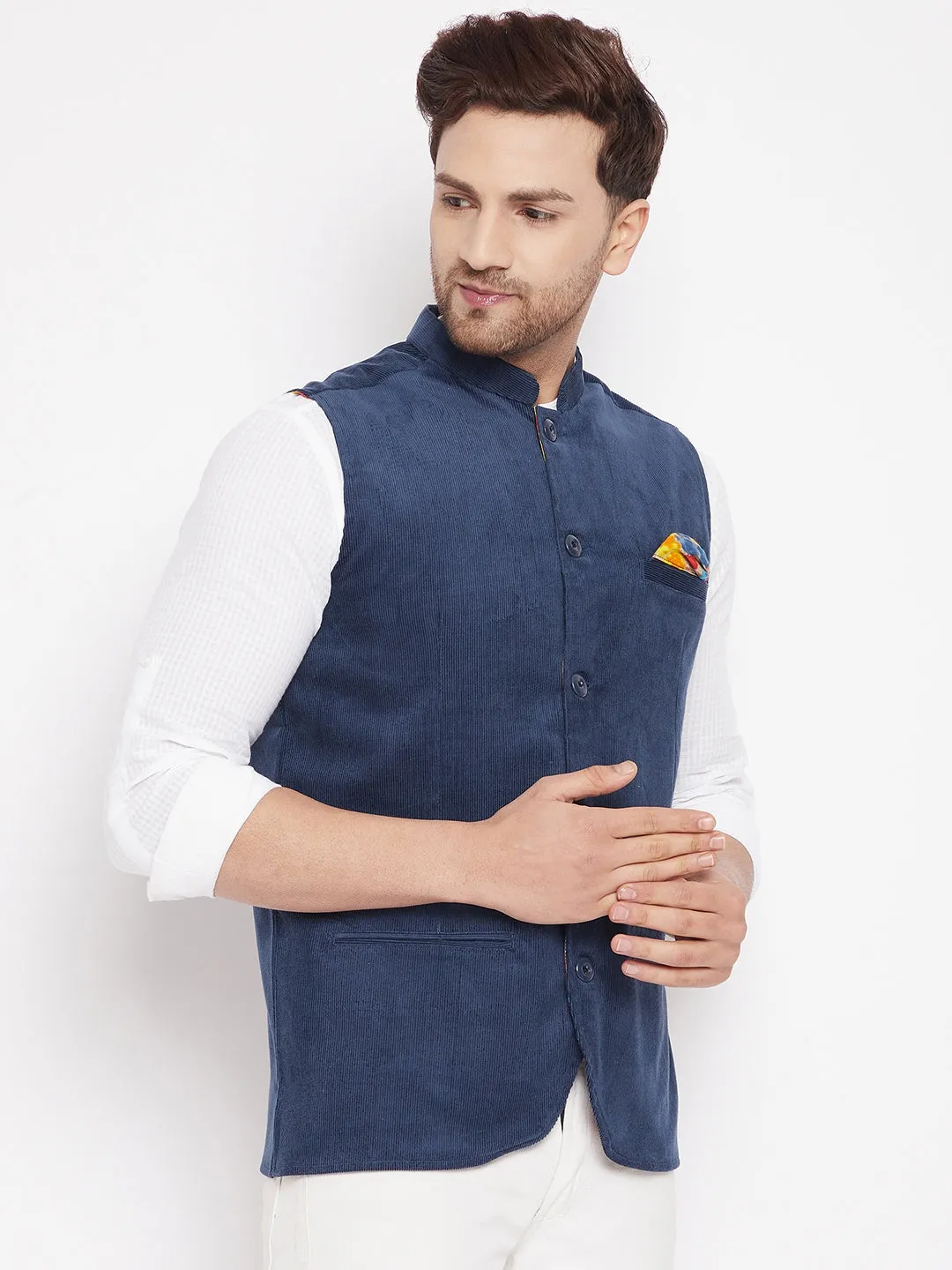 Men's Blue Color Nehru Jacket-Contrast Lining-Inbuilt Pocket Square - Even Apparels