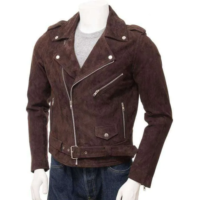 Men's Brown Suede Biker Motorcycle Fashion Belted Jacket