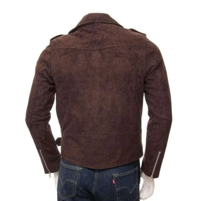 Men's Brown Suede Biker Motorcycle Fashion Belted Jacket