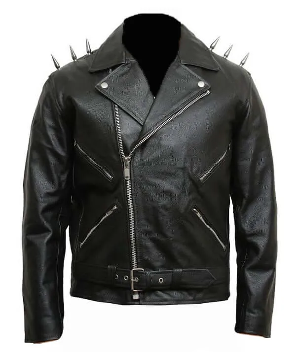 Men's Classic Leather Biker Jacket Black Studs on Shoulders