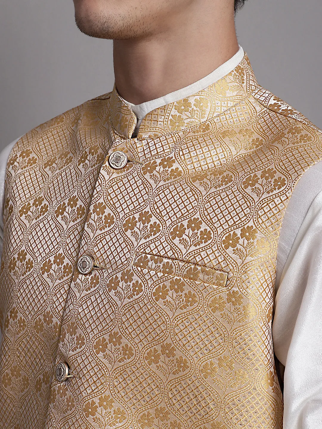 Men'S Golden Woven Design Nehru Jacket