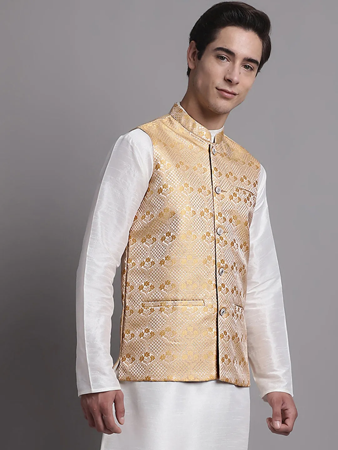 Men'S Golden Woven Design Nehru Jacket