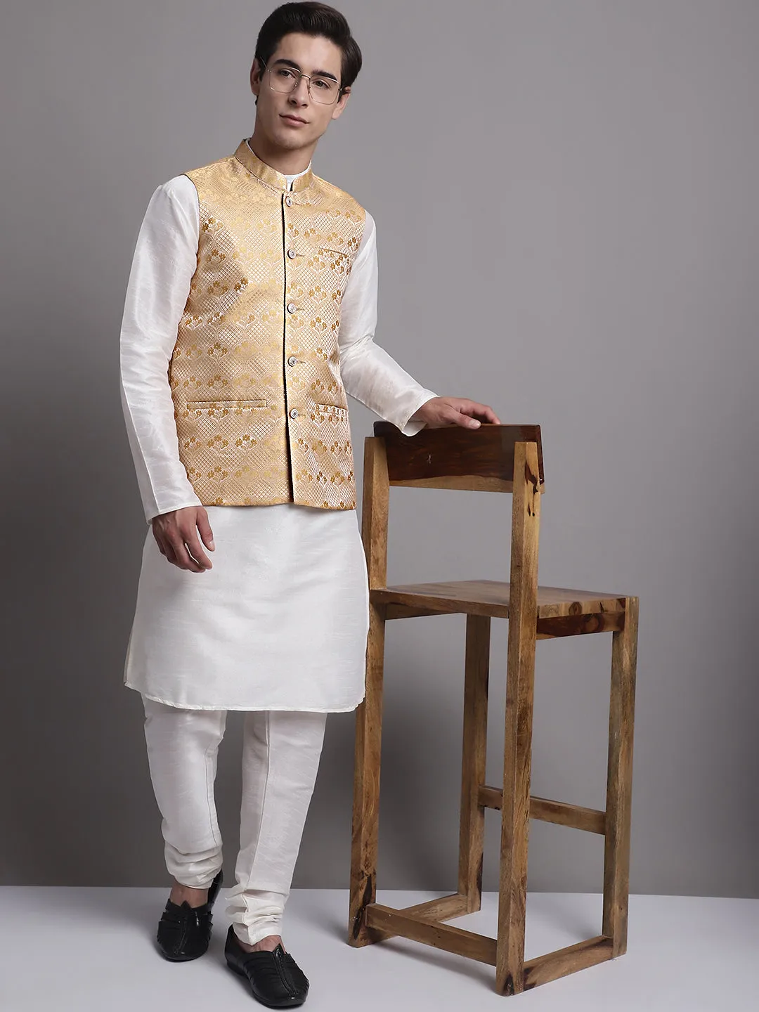 Men'S Golden Woven Design Nehru Jacket