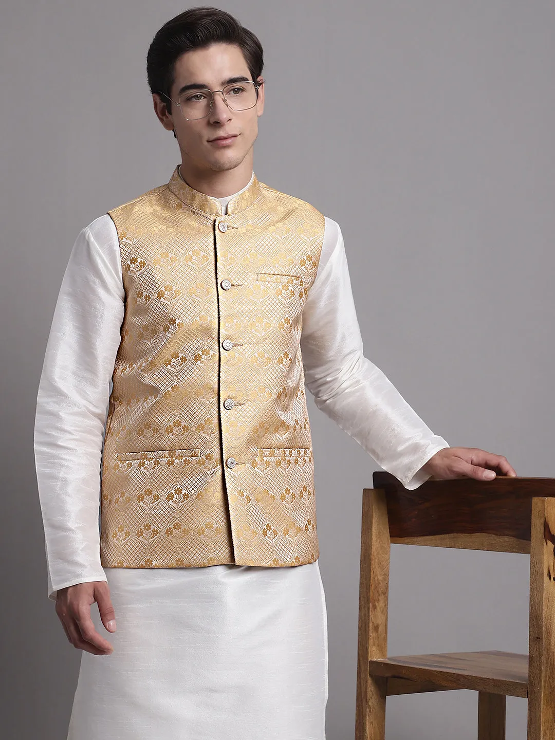 Men'S Golden Woven Design Nehru Jacket