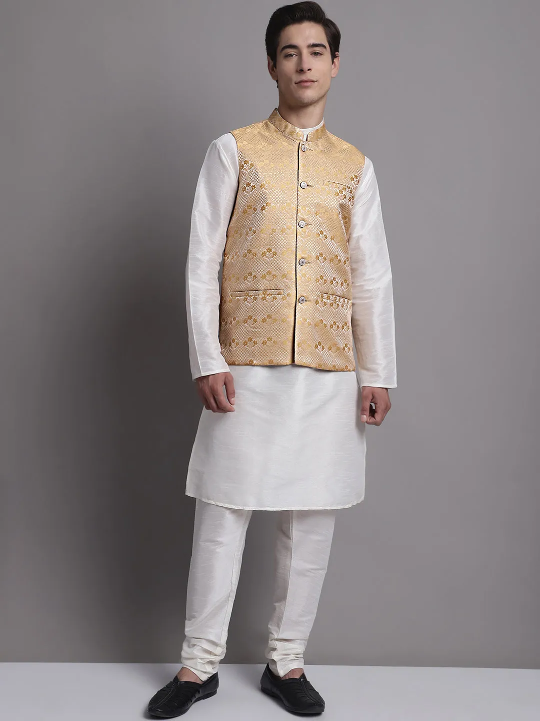 Men'S Golden Woven Design Nehru Jacket