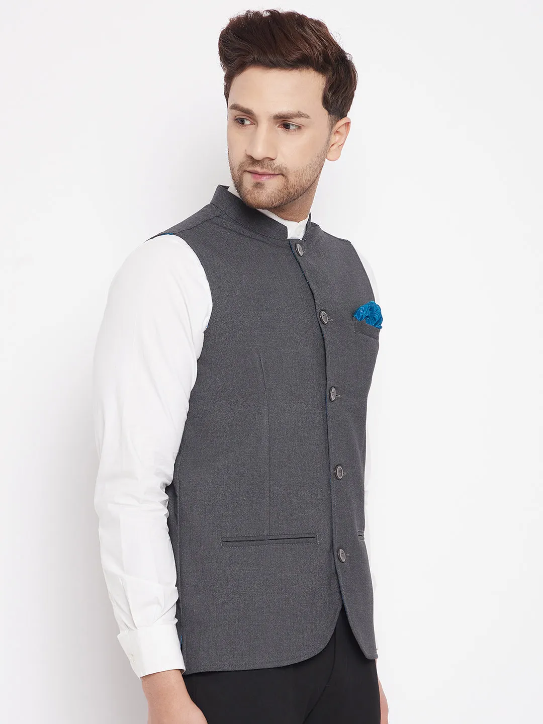 Men's Grey Color Nehru Jacket-Contrast Lining-Free Pocket Square - Even Apparels