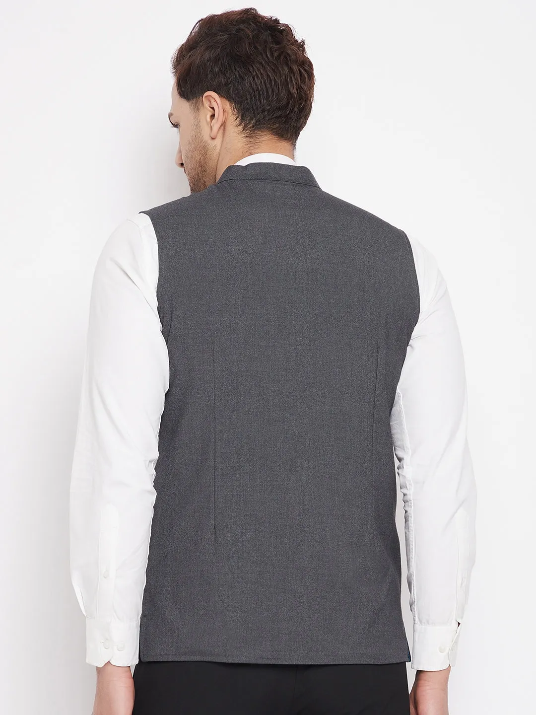 Men's Grey Color Nehru Jacket-Contrast Lining-Free Pocket Square - Even Apparels