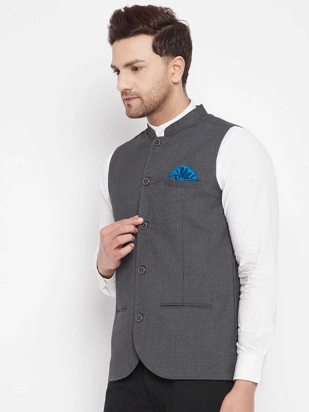 Men's Grey Color Nehru Jacket-Contrast Lining-Free Pocket Square - Even Apparels