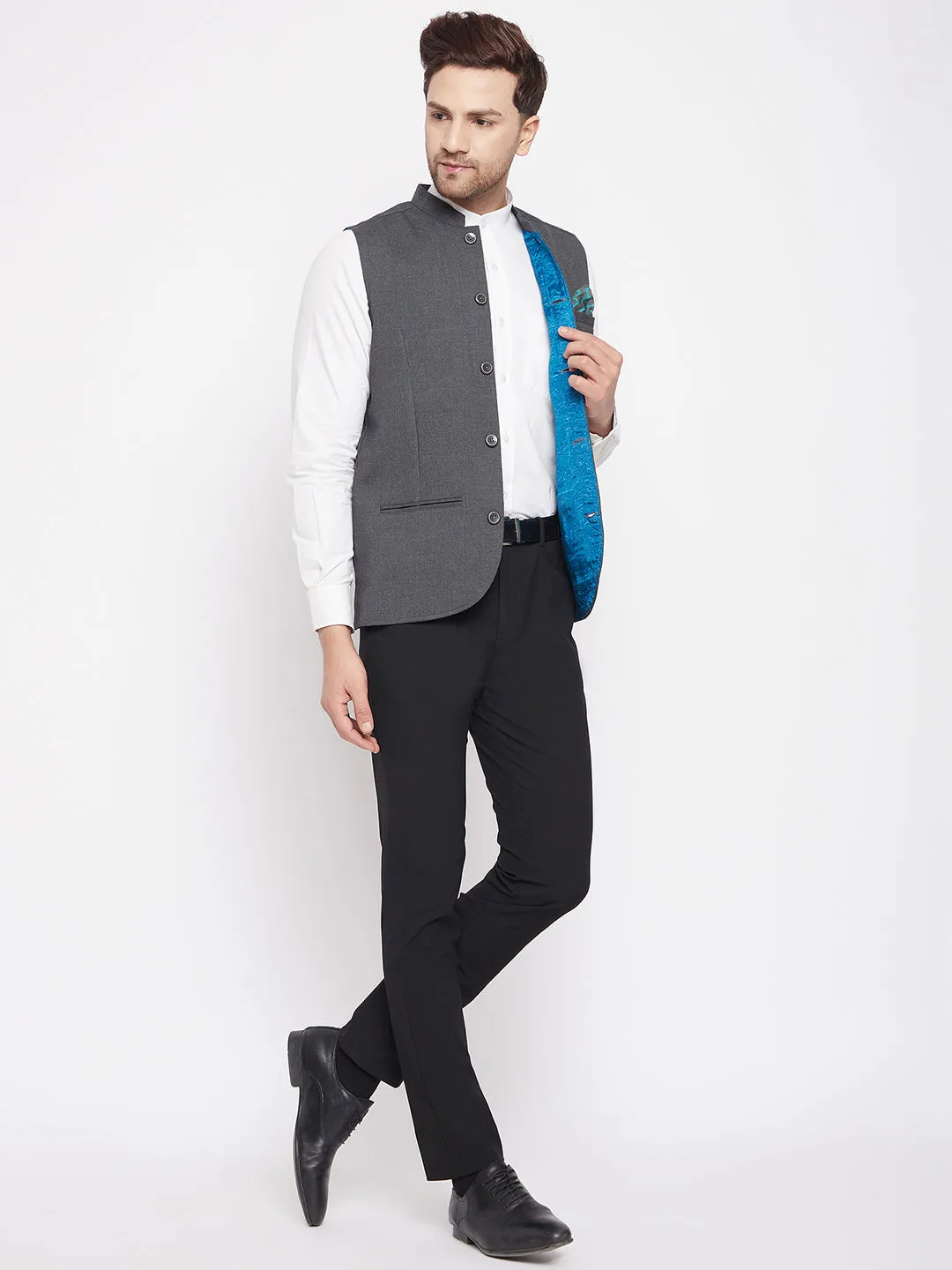 Men's Grey Color Nehru Jacket-Contrast Lining-Free Pocket Square - Even Apparels