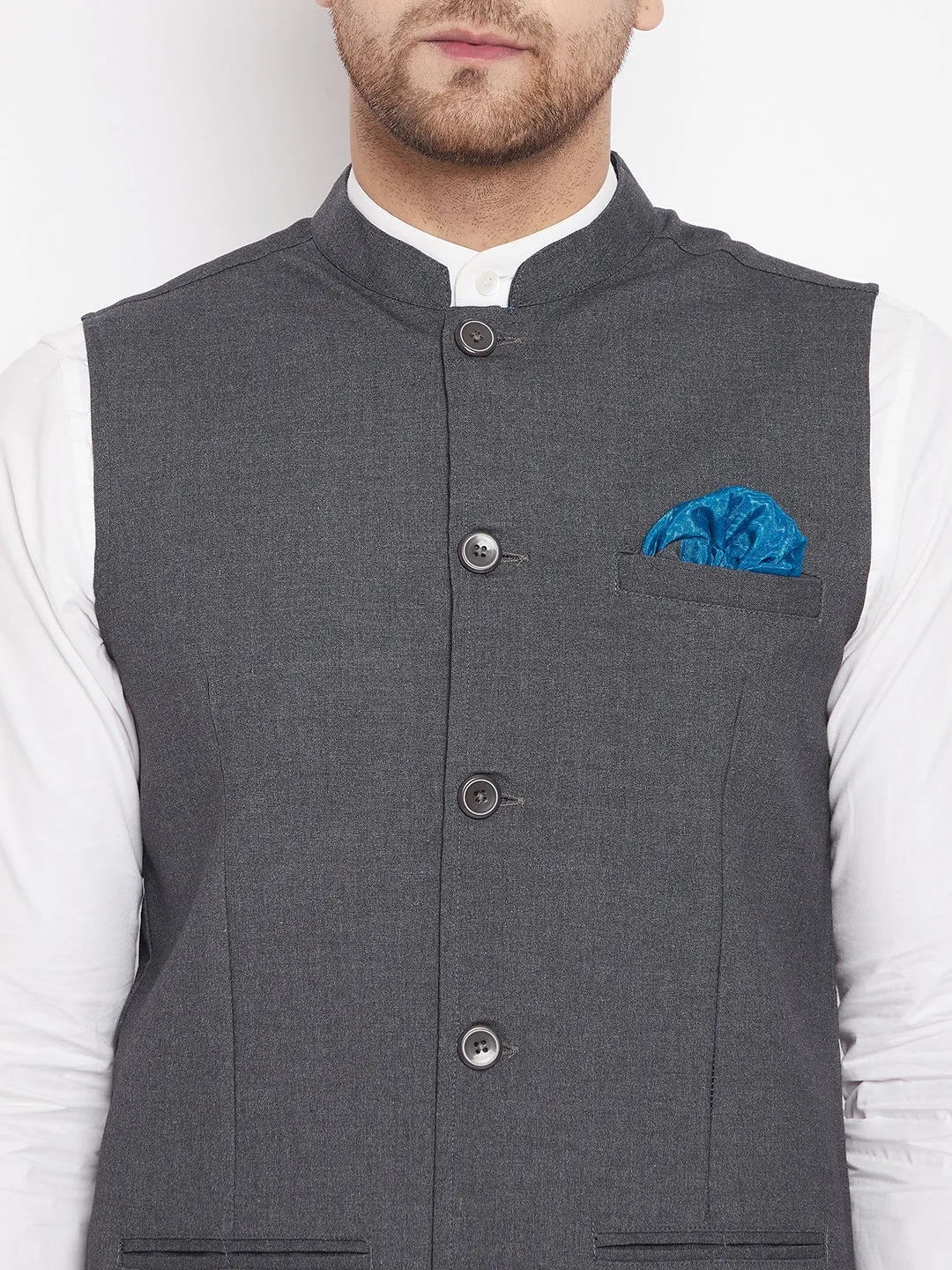 Men's Grey Color Nehru Jacket-Contrast Lining-Free Pocket Square - Even Apparels