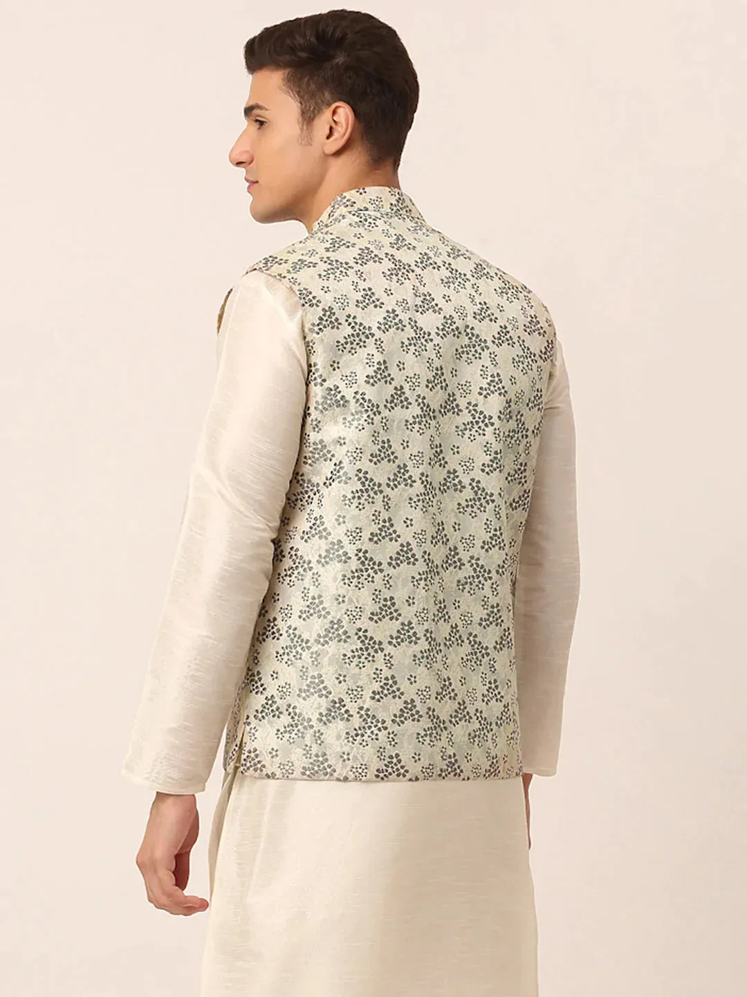 Men'S Grey Floral Design Nehru Jacket.