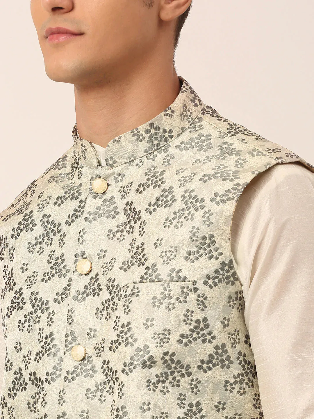 Men'S Grey Floral Design Nehru Jacket.