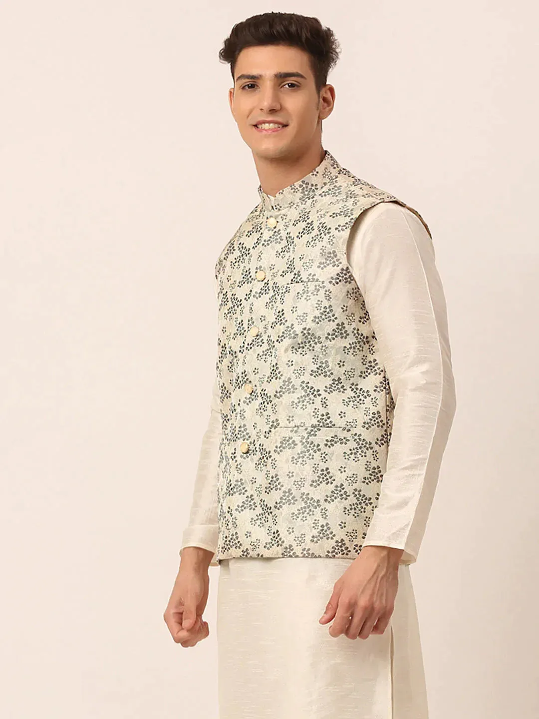 Men'S Grey Floral Design Nehru Jacket.