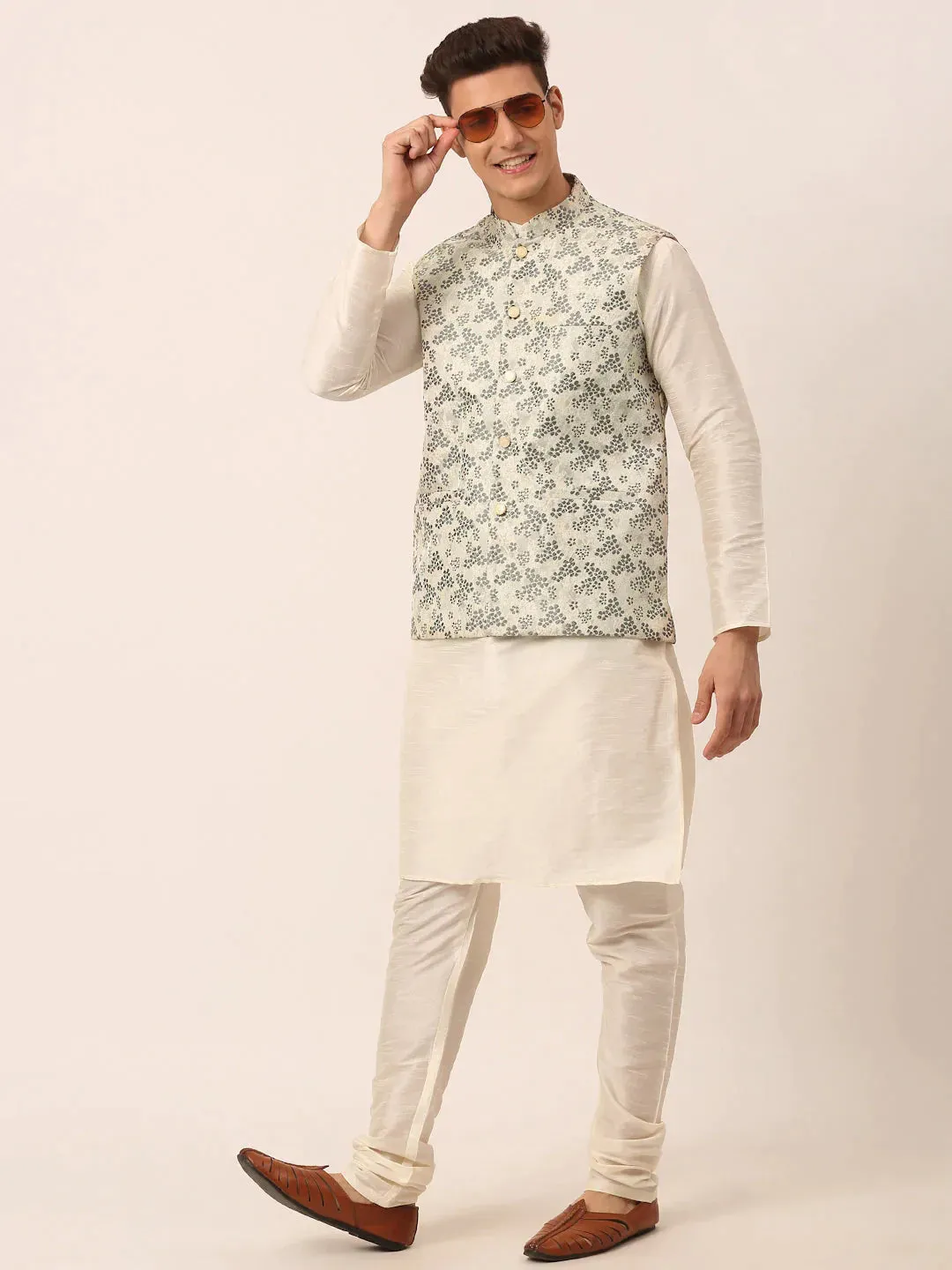 Men'S Grey Floral Design Nehru Jacket.